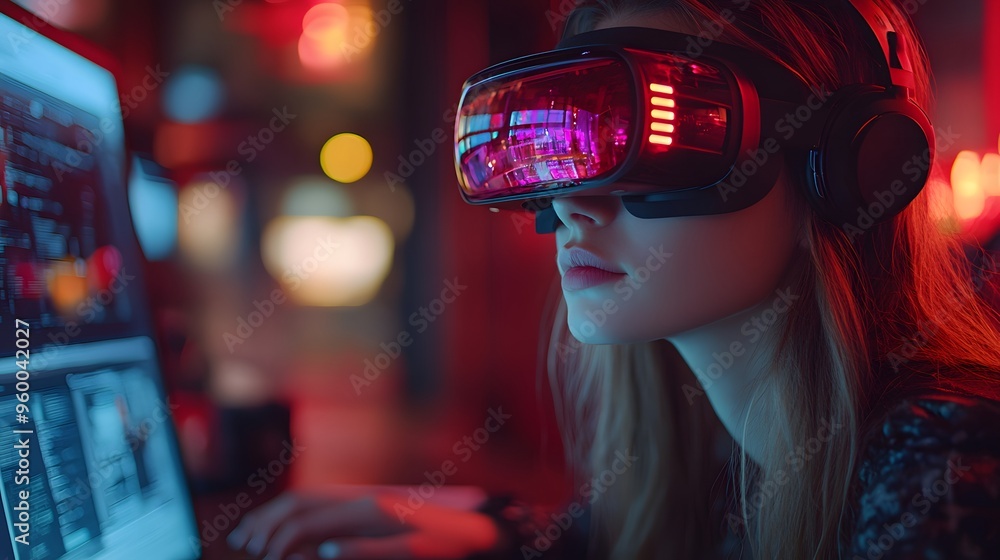 Cropped shot of a young female student wearing a VR glasses and using a laptop. Cropped shot of a young female student wearing a VR glasses and using a laptop.