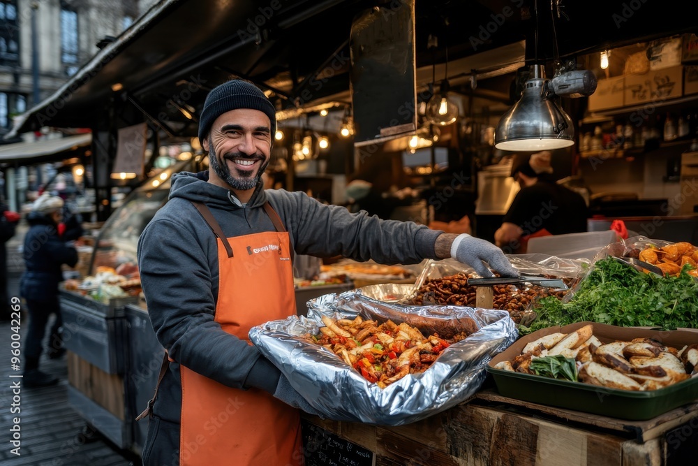 Obraz premium A cheerful street food vendor, dressed in a beanie and apron, enthusiastically serves a freshly cooked, colorful dish to customers. This image captures culinary passion and street food culture.