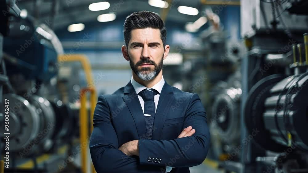 A confident man in a sleek suit stands in front of a high-tech engineering facility, A confident man in a sleek suit stands in front of a high-tech engineering facility,