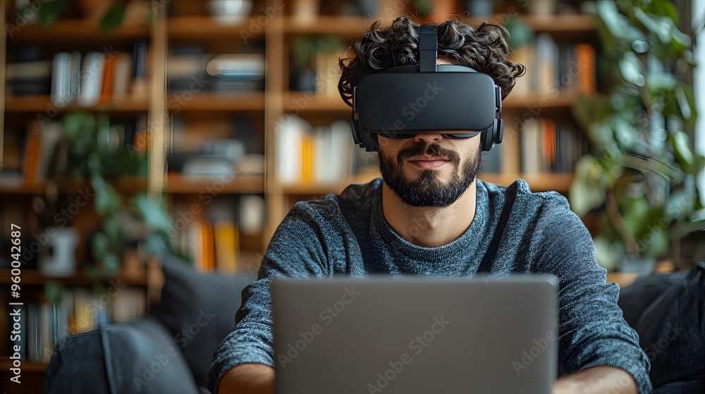 Cropped shot of a young female student wearing a VR glasses and using a laptop. Cropped shot of a young female student wearing a VR glasses and using a laptop.