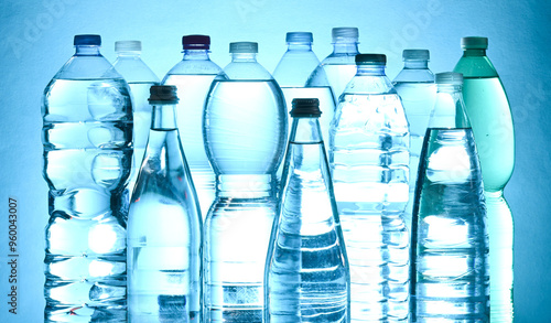 plastic mineral water bottles photographed against the light on a blue background