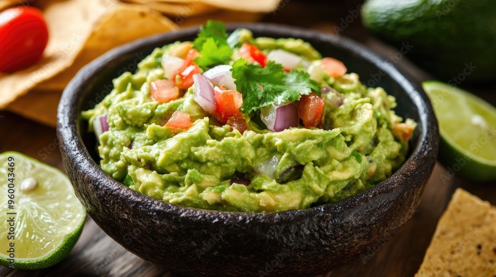 Guacamole, mashed avocado with lime, onion, and tomato. Guacamole, mashed avocado with lime, onion, and tomato.