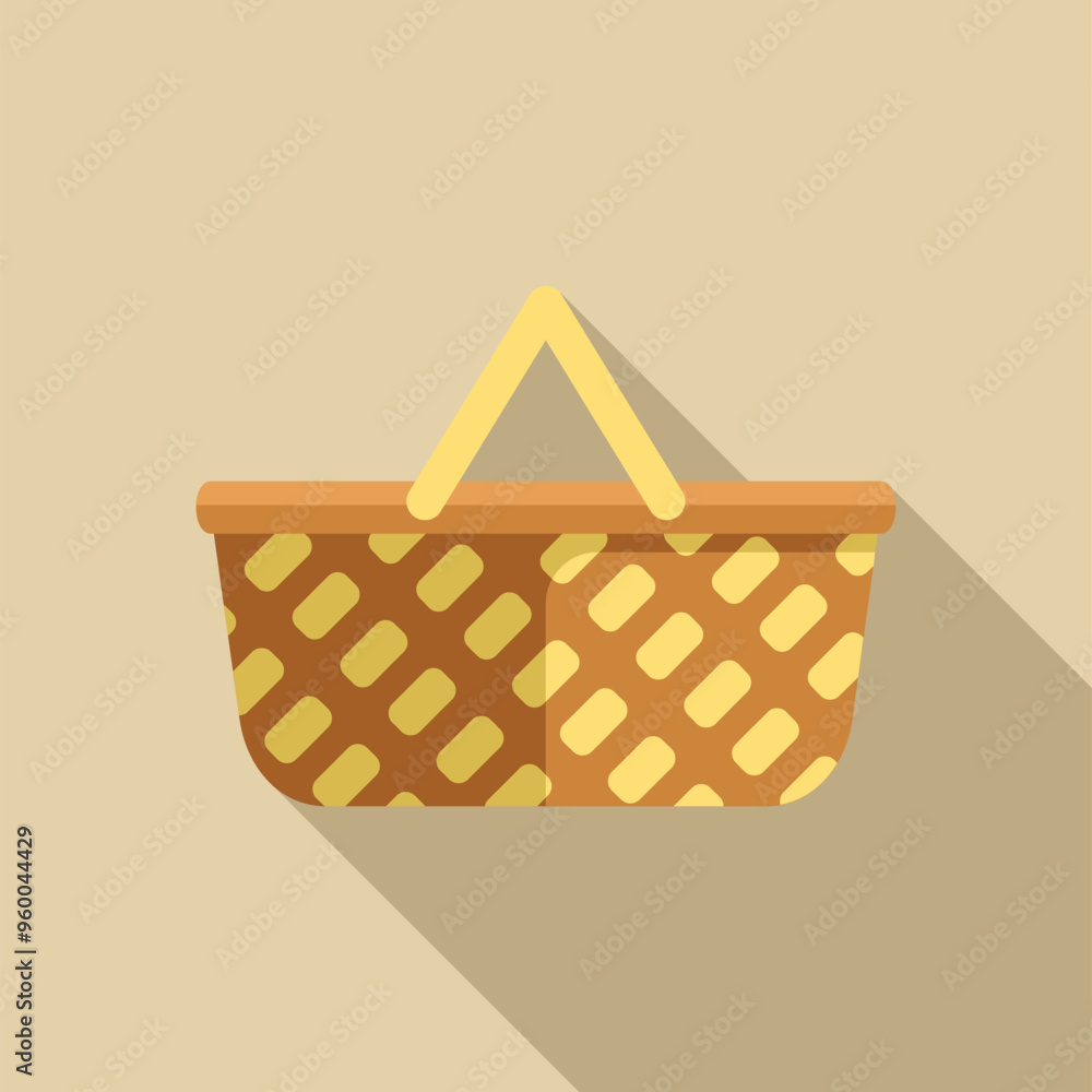 Obraz premium Empty wicker picnic basket with a checkered pattern is casting a long shadow on a light brown background