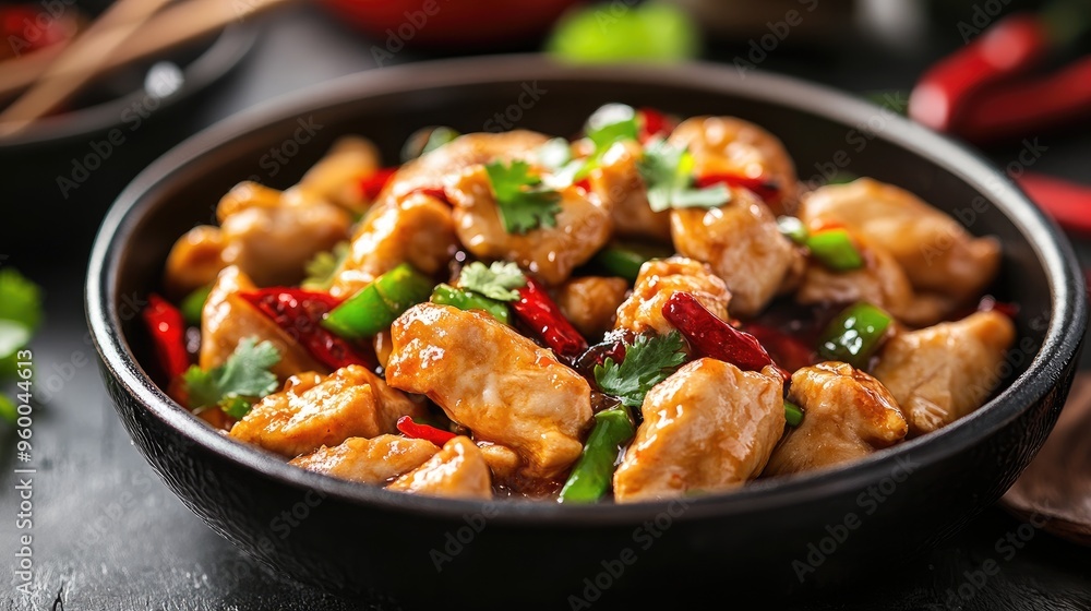 Kung Pao chicken, stir-fried with vegetables and chili peppers. Kung Pao chicken, stir-fried with vegetables and chili peppers.