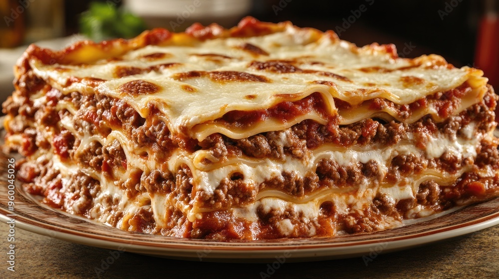 Lasagna, layered pasta sheets filled with meat sauce and cheese Lasagna, layered pasta sheets filled with meat sauce and cheese
