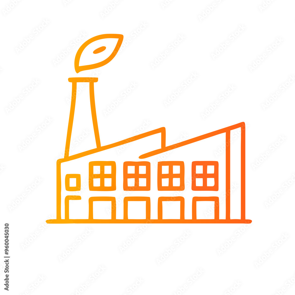 Obraz premium Vector line art of eco-friendly factory with leaf symbol, gradient orange tones, sustainable industry concept