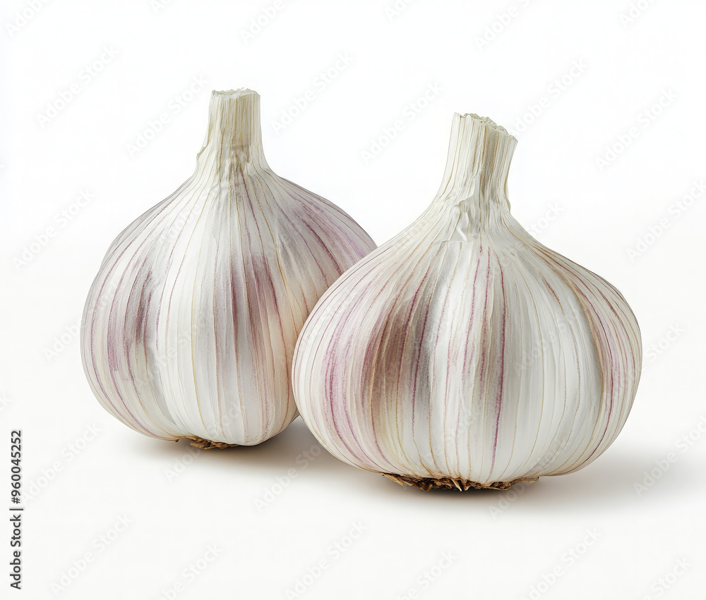Obraz premium Two whole garlic bulbs with purple stripes, isolated on a white background.
