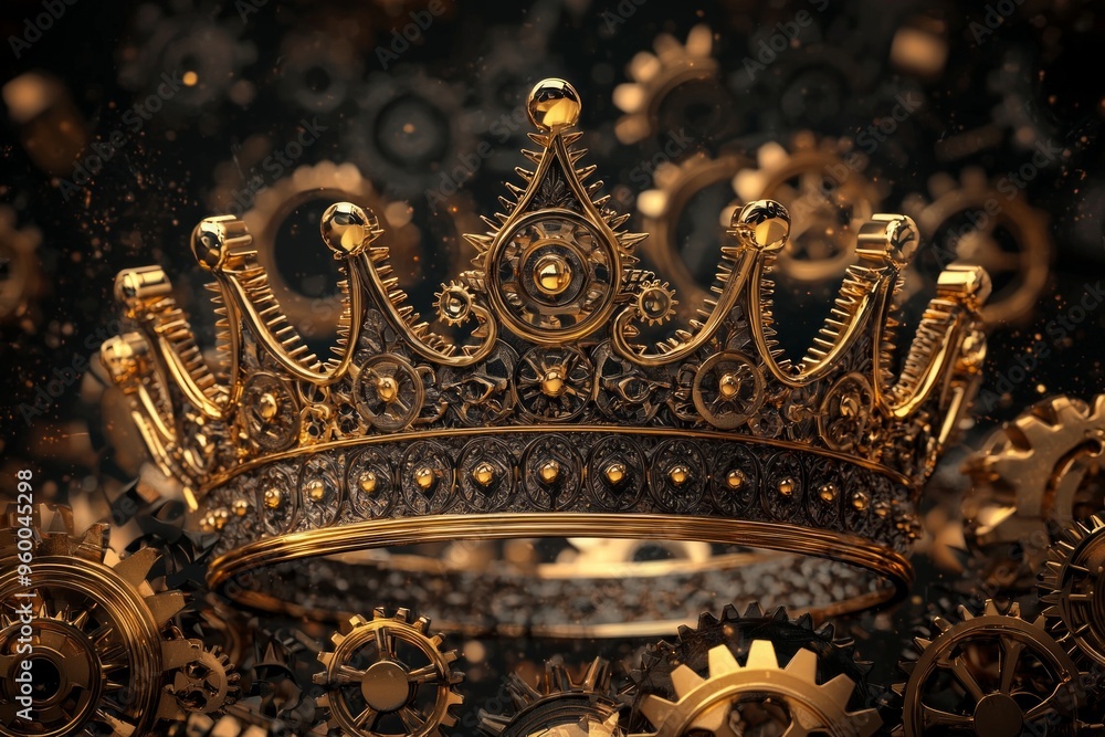 A 3D crown encircled by golden gears, symbolizing mastery and success through hard work A 3D crown encircled by golden gears, symbolizing mastery and success through hard work