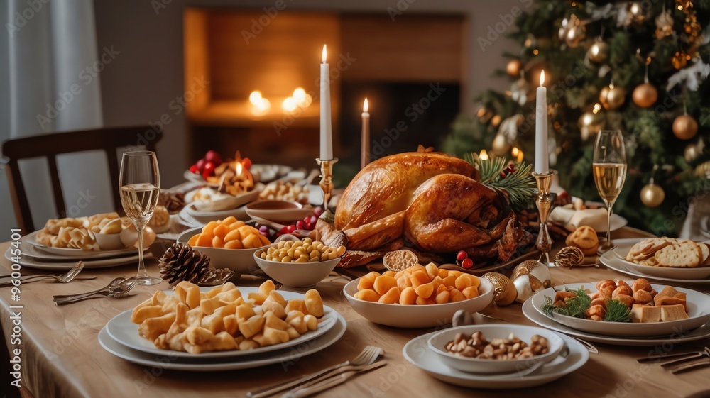 Festive Christmas Dinner Table with Elegant Setting and Holiday Decorations Festive Christmas Dinner Table with Elegant Setting and Holiday Decorations