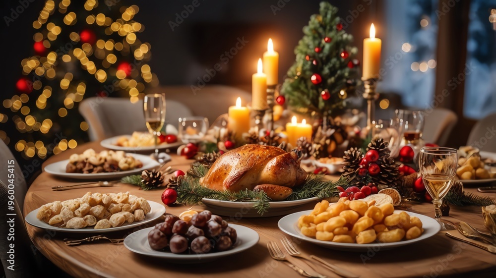 Festive Christmas Dinner Table with Elegant Setting and Holiday Decorations Festive Christmas Dinner Table with Elegant Setting and Holiday Decorations