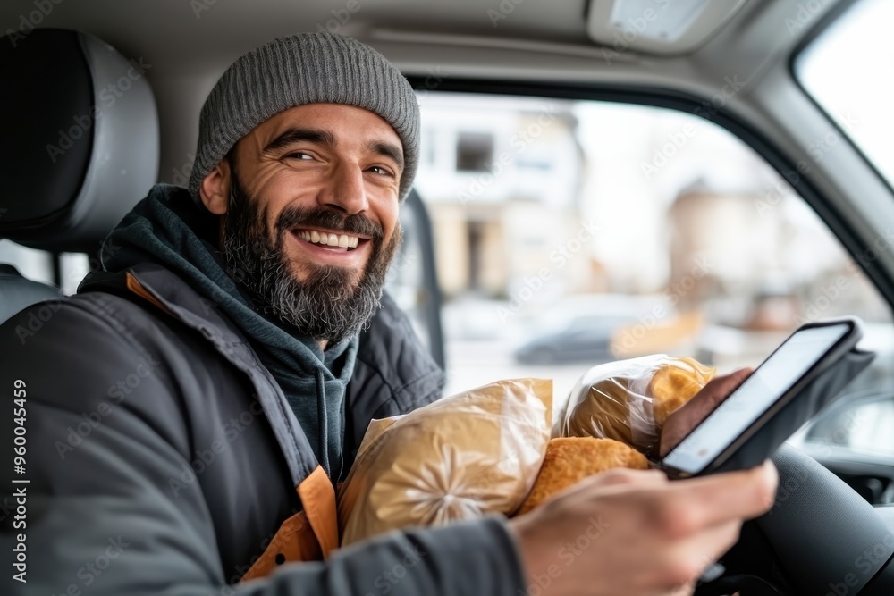 A joyful delivery driver wearing a beanie, sitting in his vehicle with packages, holding a mobile phone. His cheerful expression shows his positive attitude towards his work. A joyful delivery driver wearing a beanie, sitting in his vehicle with packages, holding a mobile phone. His cheerful expression shows his positive attitude towards his work.