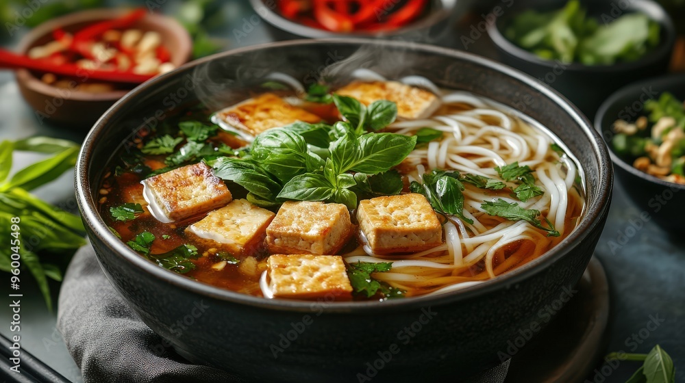 A warm bowl of vegan pho noodle soup showcases silky noodles, flavorful broth, fresh herbs, and tofu cubes, ideal for a nourishing and healthy meal A warm bowl of vegan pho noodle soup showcases silky noodles, flavorful broth, fresh herbs, and tofu cubes, ideal for a nourishing and healthy meal