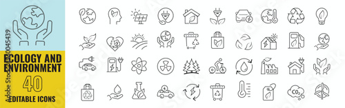 Set of 40 Ecology and Environment Icons: Renewable Energy, Ecology, and Green Electricity Symbols. Includes Icons for CO2 Neutral, Solar, Geothermal, Wind Energy, and More.