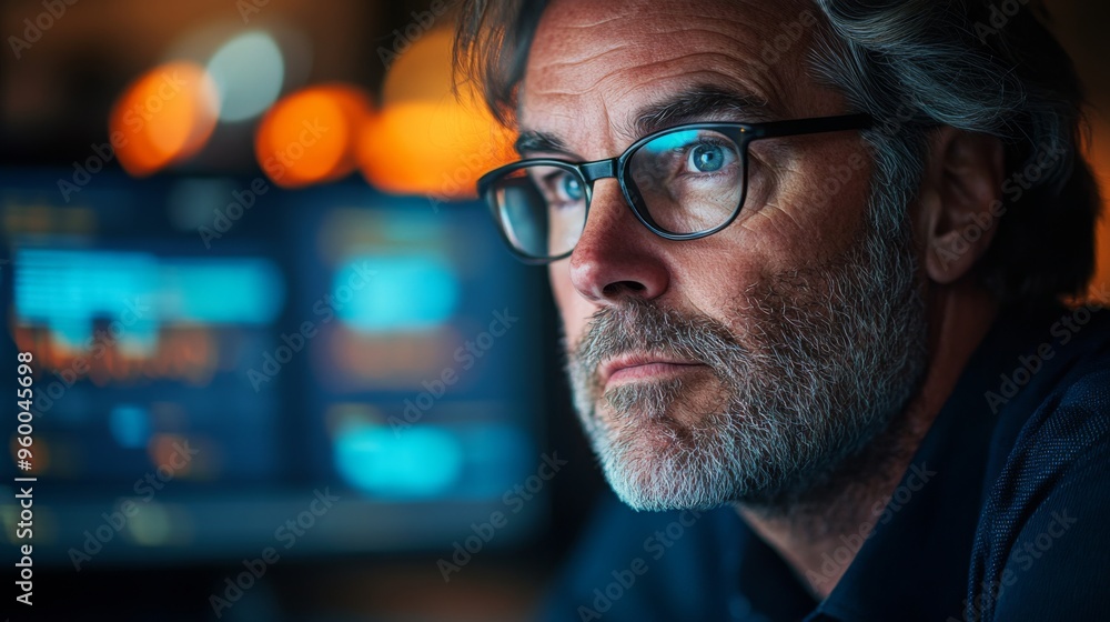 Middle-Aged Man in Glasses Analyzing Data on Computer at Night Middle-Aged Man in Glasses Analyzing Data on Computer at Night