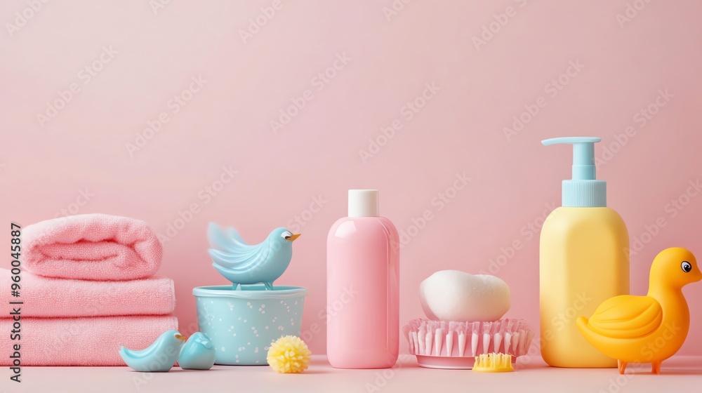 Baby Bath Essentials with Toy Duck and Birds on Pink Background Baby Bath Essentials with Toy Duck and Birds on Pink Background