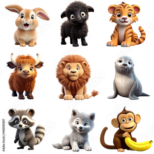 Fototapeta Naklejka Na Ścianę i Meble -  PNG 3d animal character element set, transparent background