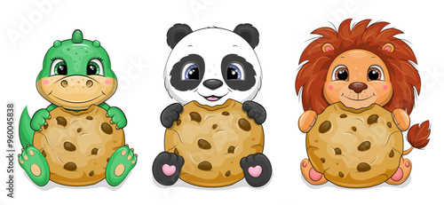 Set of cute cartoon animals with cookies. Lion, panda and dinosaur vector illustration on a white background.