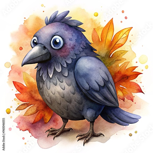 Cute Halloween Raven Watercolor Clipart Perfect for Festive Decorations and Invitations photo