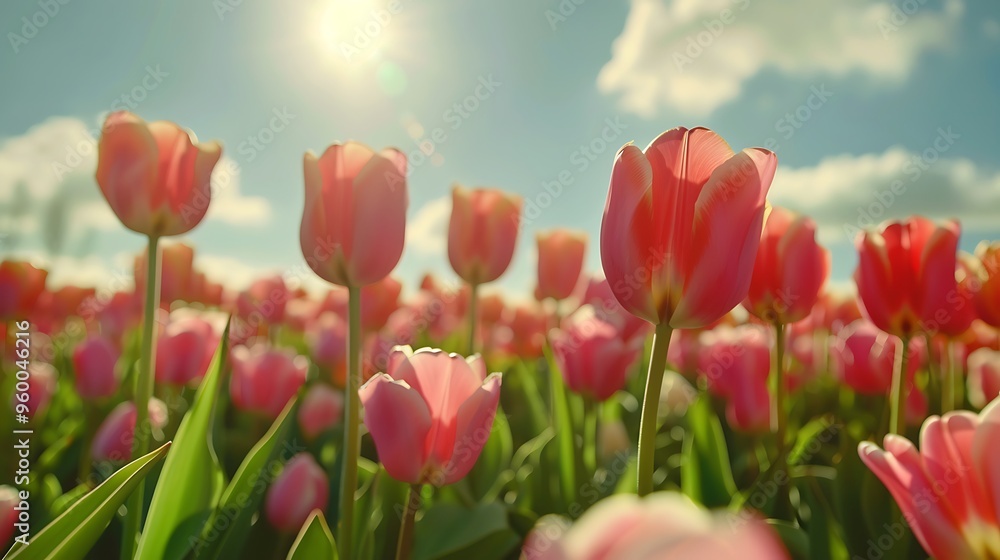 Expansive view of a field of blooming tulips in spring, showcasing the rich colors and delicate details of the flowers under bright sunlight Expansive view of a field of blooming tulips in spring, showcasing the rich colors and delicate details of the flowers under bright sunlight