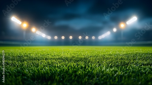 a darkened stadium illuminated by towering floodlights spotlighting the vibrant green turf, awaiting the clash of rival high school football teams.