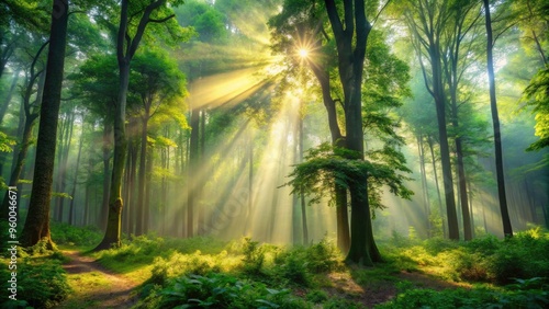 Majestic sunlit forest scene with towering trees, dappled light filtering through lush green foliage, and a serene misty atmosphere evoking a sense of tranquility and wonder.