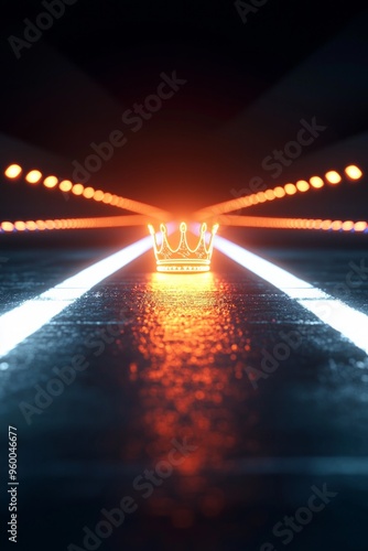 A 3D crown glowing at the end of a race track, symbolizing crossing the finish line as a champion  photo