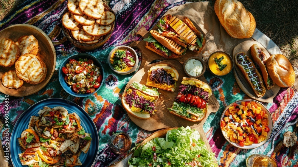 Fototapeta premium Gather with friends for a delightful vegan picnic featuring a variety of gluten-free and lactose-free dishes. Enjoy the sunny park atmosphere while savoring healthy treats