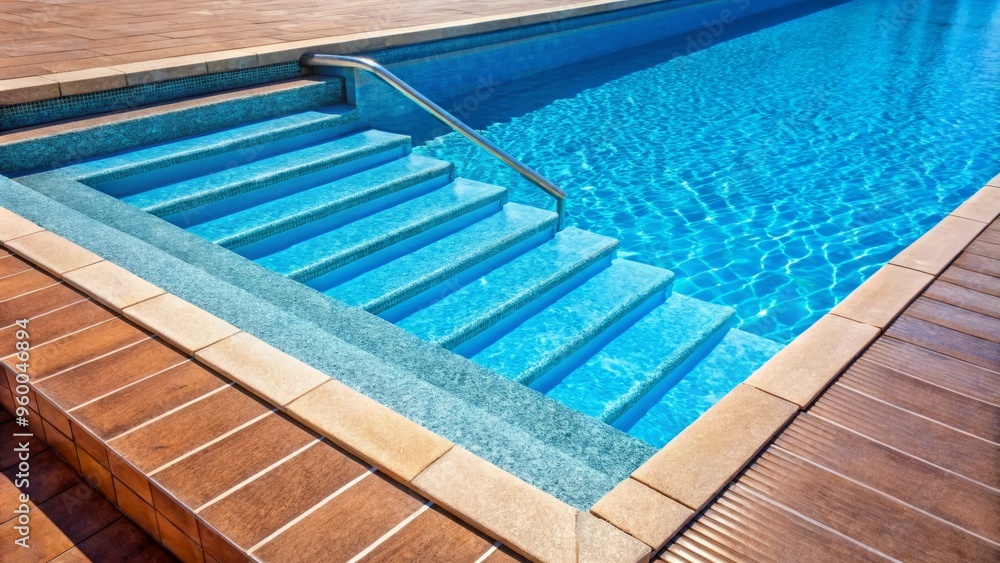 Obraz premium Blue water in a swimming pool drops to the level of the skimmer, revealing brown steps and a