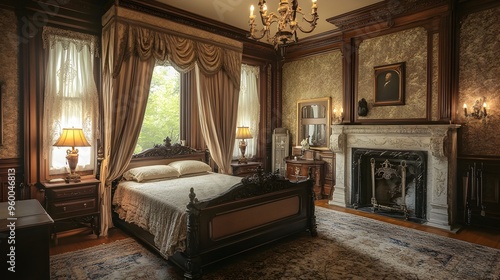 Exquisitely designed Victorian inspired bedroom featuring a grand canopy bed a marble fireplace and lavish ornately patterned drapes that create a cozy elegant and opulent atmosphere
