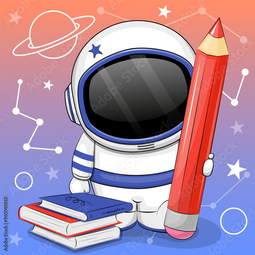 Cute cartoon astronaut with a big red pencil and books. Vector illustration on colorful background with planet and stars.