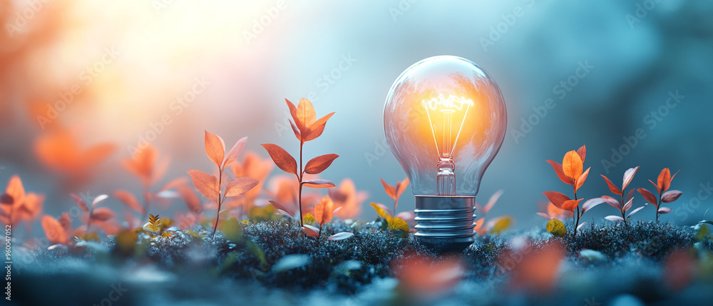 A glowing light bulb surrounded by vibrant flowers, symbolizing creativity and inspiration in a serene, dreamy landscape.