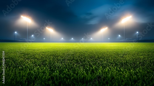 a darkened stadium illuminated by towering floodlights spotlighting the vibrant green turf, awaiting the clash of rival high school football teams.