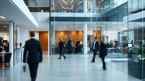 Modern office interior with people in formal attire walking and working. The space features glass walls, open workstations, and contemporary furniture.