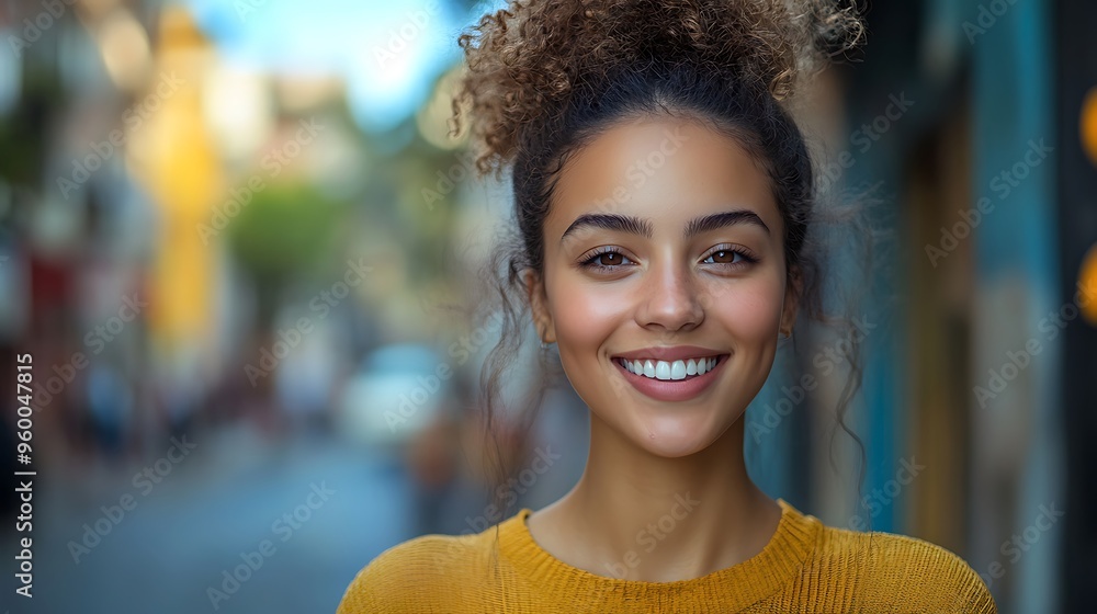 A portrait of a smiling young woman in a cityscape, radiating positivity A portrait of a smiling young woman in a cityscape, radiating positivity