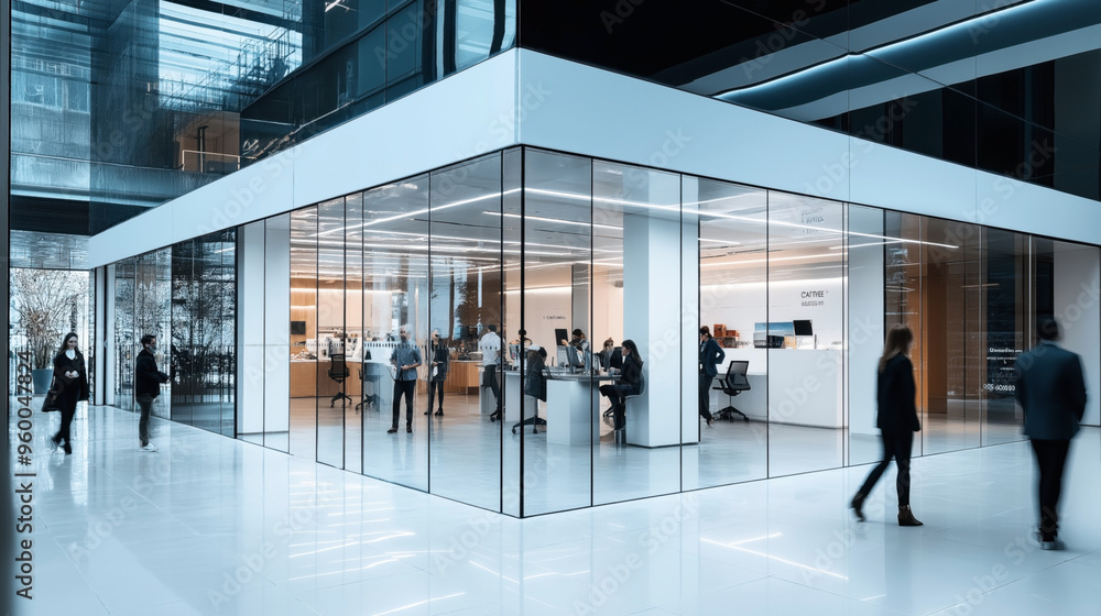 Fototapeta premium Modern office interior with large glass walls, people working and walking in an open and spacious environment. The office is well-lit with contemporary furniture and design.