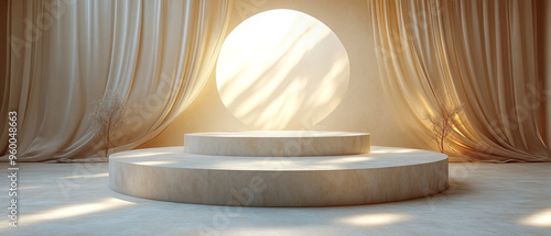 A serene stage with soft curtains and a circular backdrop, perfect for presentations or artistic displays in bright ambient light.