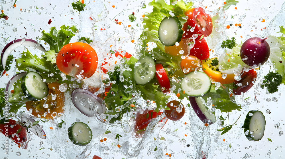 A dynamic mix of vegetables, including tomatoes, cucumbers, onions, and lettuce, flying through water splashes, captured mid-motion with vibrant colors and energy. A dynamic mix of vegetables, including tomatoes, cucumbers, onions, and lettuce, flying through water splashes, captured mid-motion with vibrant colors and energy.