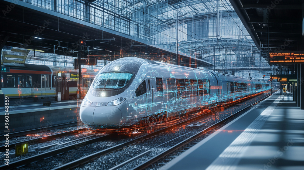 Fototapeta premium A sleek high-speed train arrives at a modern station, blending technology and design in the heart of urban transport.