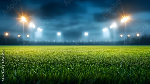 a darkened stadium illuminated by towering floodlights spotlighting the vibrant green turf, awaiting the clash of rival high school football teams.