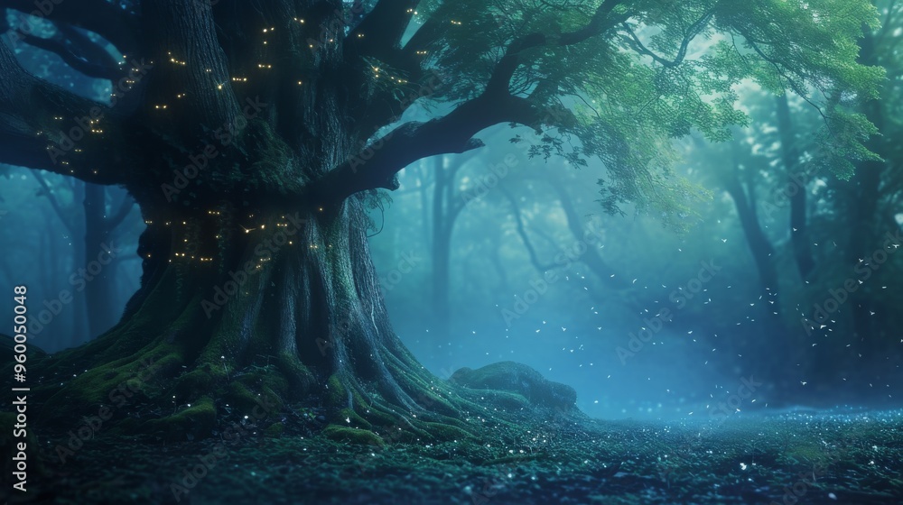 A hauntingly beautiful scene of a large tree with an illuminated trunk, set against a backdrop of a foggy forest. The ethereal lighting and scattered light particles create a serene yet mysterious A hauntingly beautiful scene of a large tree with an illuminated trunk, set against a backdrop of a foggy forest. The ethereal lighting and scattered light particles create a serene yet mysterious