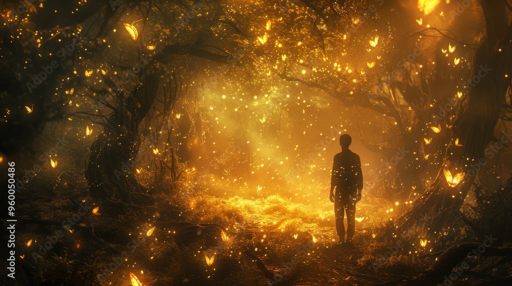 An enigmatic silhouette wanders through a forest aglow with golden light and fluttering fireflies. The scene captures a sense of wonder and mystery, making it ideal for fantasy and adventure stories An enigmatic silhouette wanders through a forest aglow with golden light and fluttering fireflies. The scene captures a sense of wonder and mystery, making it ideal for fantasy and adventure stories