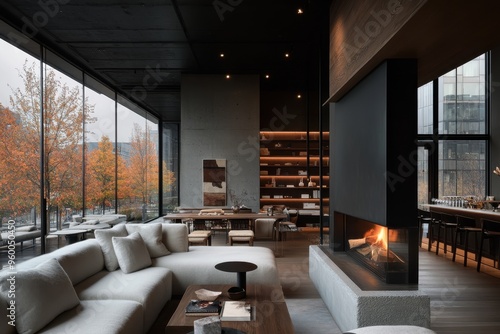 A sophisticated living room designed with neutral tones, a sleek sectional sofa, and a fireplace, complemented by floor-to-ceiling windows showcasing an urban park view. photo