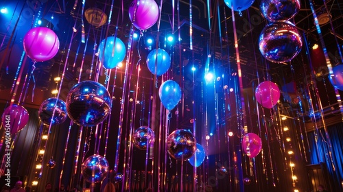 festive decorated place with balloons and disco balls creating a nostalgic atmosphere for an adult prom or disco