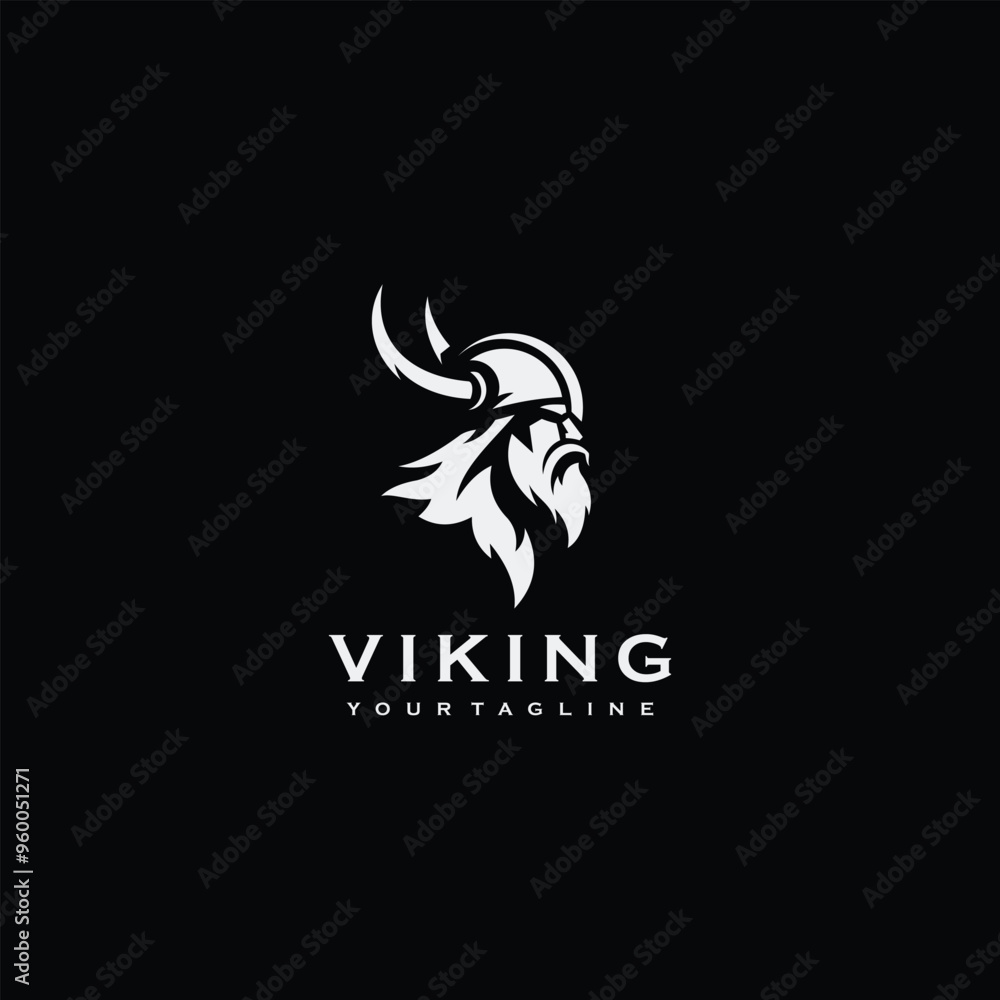 Vikings logo design. Nordic warrior symbol. Horned Norseman emblem. Barbarian man head icon with horn helmet and beard	