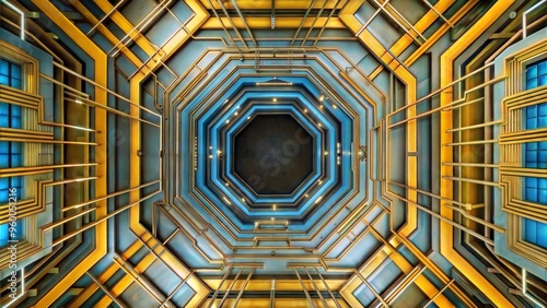 Abstract Architectural Ceiling with Geometric Patterns and Illuminated Lines photo