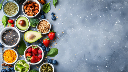 A colorful assortment of superfoods, including avocado, berries, nuts, and seeds, arranged on a blue textured surface, emphasizing healthy eating and fresh, nutritious ingredients.