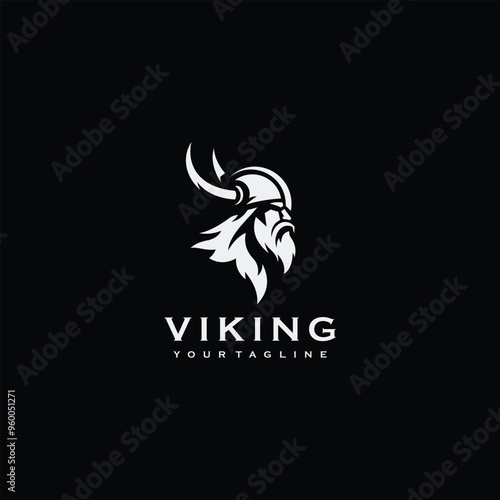 Vikings logo design. Nordic warrior symbol. Horned Norseman emblem. Barbarian man head icon with horn helmet and beard	