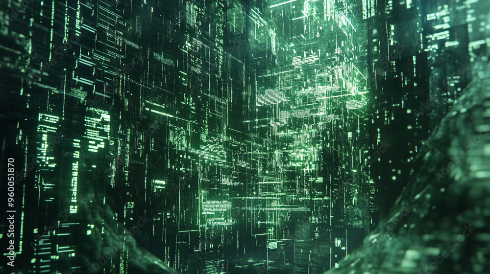 Abstract digital landscape featuring a vibrant green data matrix, symbolizing technology and futuristic innovation. Abstract digital landscape featuring a vibrant green data matrix, symbolizing technology and futuristic innovation.