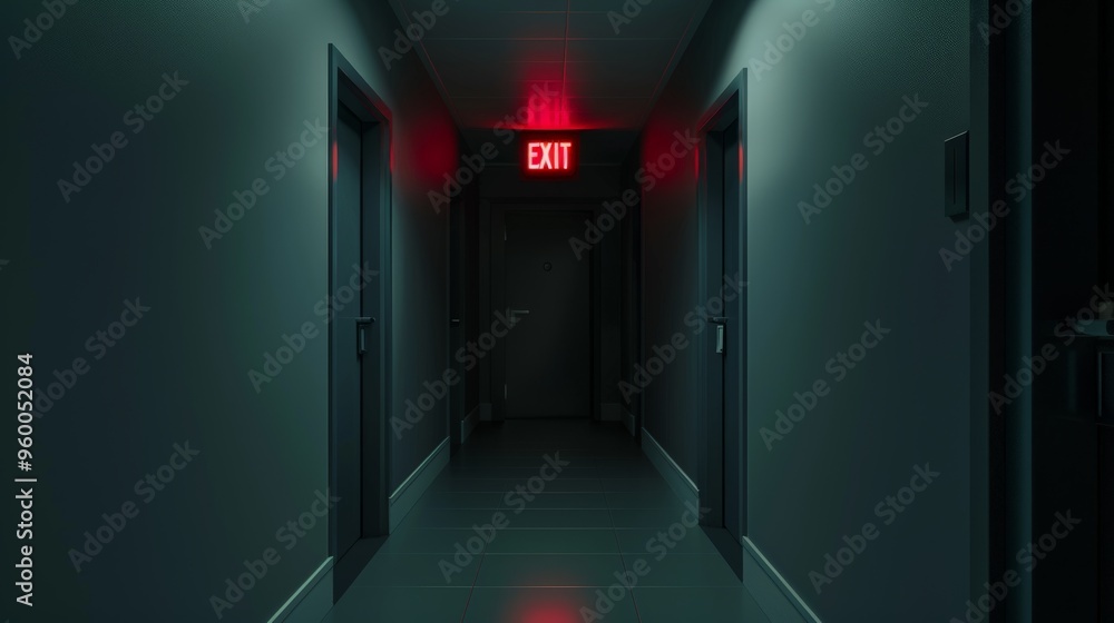 View of a fire escape sign in a dark hallway flat design front view safety guide theme 3D render Tetradic color scheme View of a fire escape sign in a dark hallway flat design front view safety guide theme 3D render Tetradic color scheme