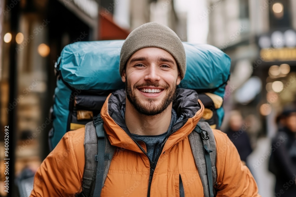 A cheerful man with a beard, wearing a brown jacket and a beanie, carrying a blue backpack while standing on a bustling city street filled with people. A cheerful man with a beard, wearing a brown jacket and a beanie, carrying a blue backpack while standing on a bustling city street filled with people.